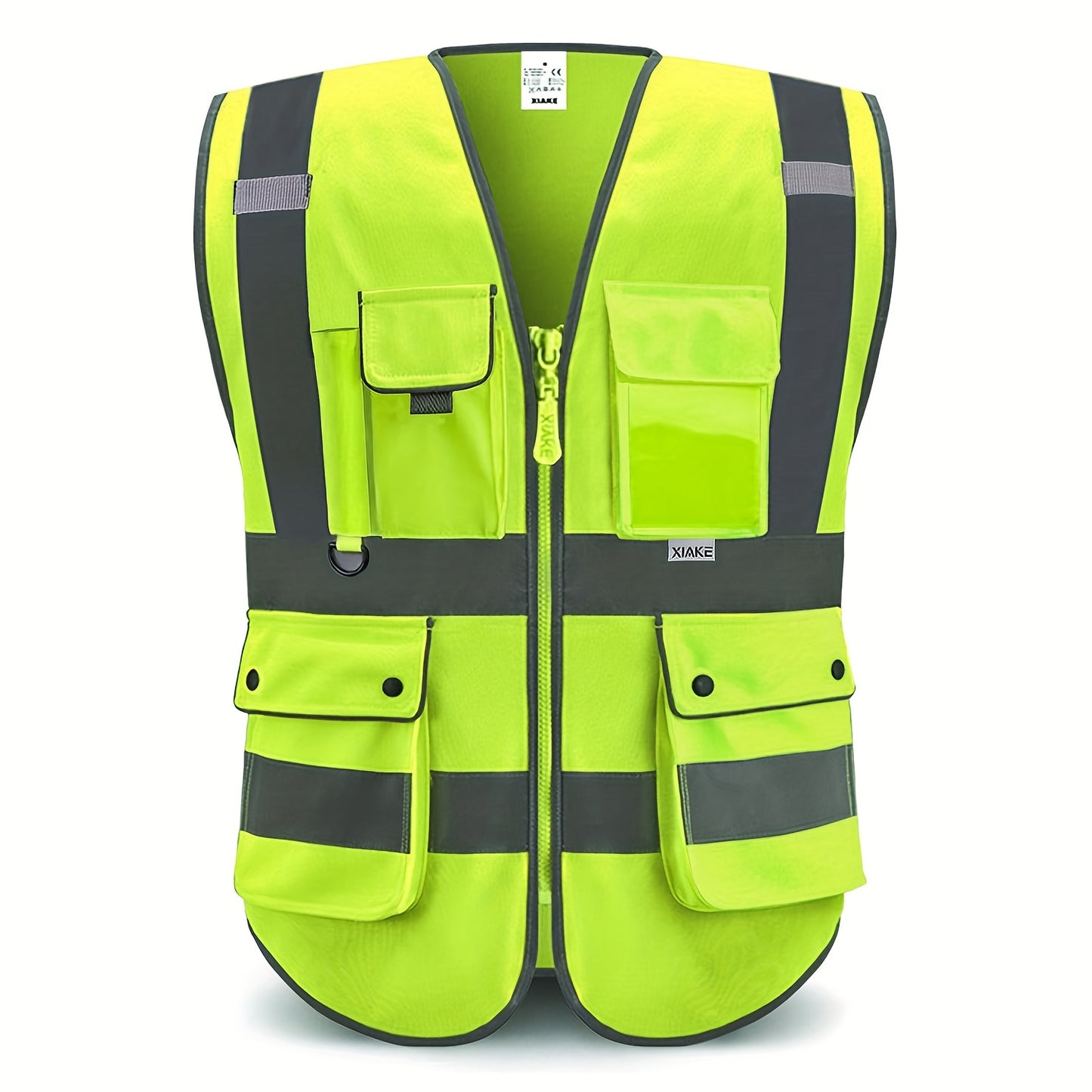 Stay safe and visible in ANSI/ISEA certified reflective safety vest with 8 pockets and zipper.