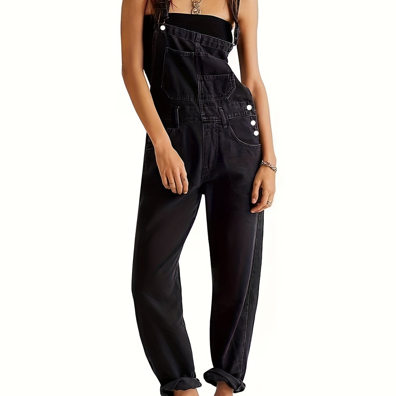 CPUY Women'S Fashion Denim Jumpsuit, Non-Stretch Woven Fabric with Washed Detail, Regular Fit for Spring/Summer/Fall - 390g/m²