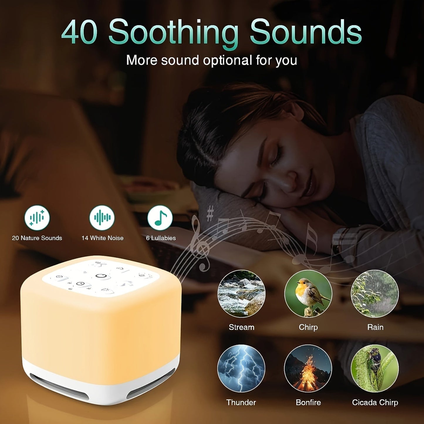 Sleep peacefully anywhere with our Rechargeable Portable Sleep Sound Machine. Featuring a 7 Colors Night Light, Wireless Speaker, and 40 Soothing Sounds including White Noise.