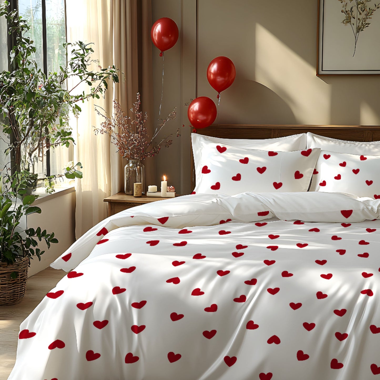 Valentine's Day-themed 3-piece bedding set featuring pure love design pattern made of soft fleece fabric with 3D digital printing. Includes 1 quilt cover and 1-2 pillowcases. Suitable for