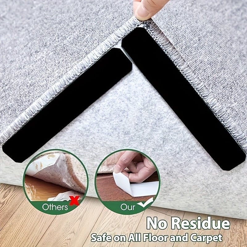 Black Reusable Double-Sided Rug Gripper Tape & Pads - Non-Slip PVC Anchors for Hardwood, Tile Floors, and Carpets - Entryway & Porch Safe - Leaves No Residue - Washable, Cut to Fit - Available in 8/16 Pack