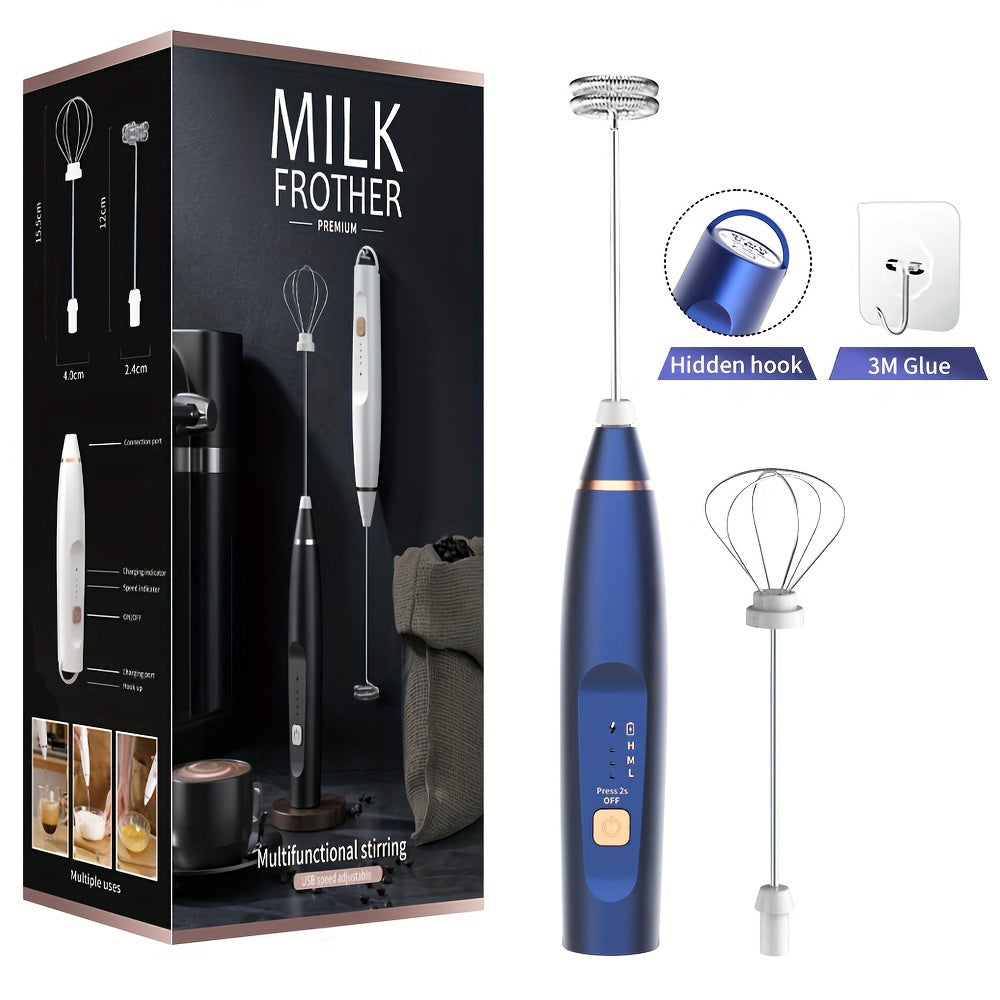 Durable Plastic Electric Milk Frother Handheld with 3-Speed Adjustable USB Rechargeable Feature, Comes with 2 Stainless Steel Whisks for Cappuccinos, Hot Chocolate, Milkshakes, and Eggs - Conveniently Portable.