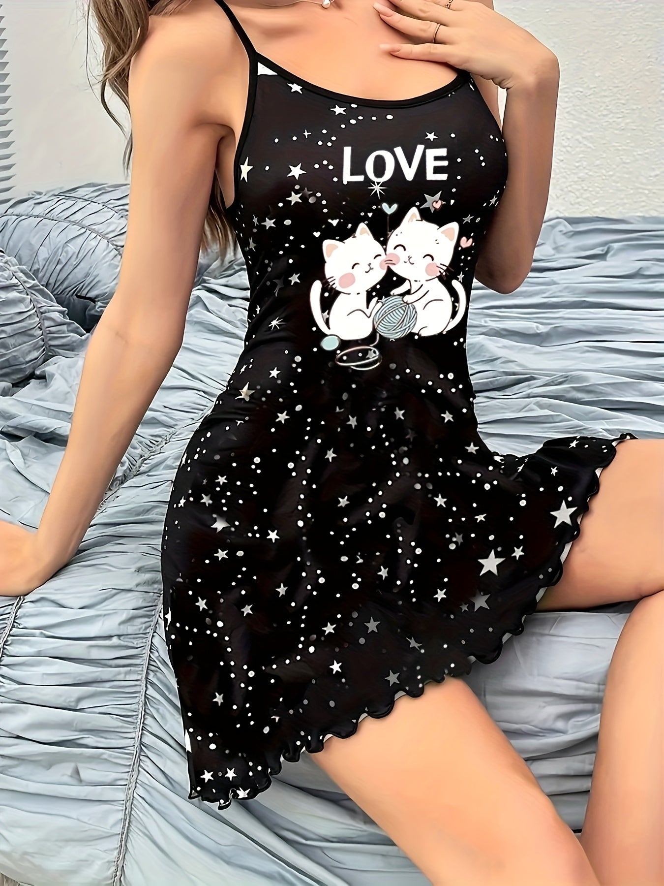 Cat and star print, frill trim lounge dress, backless slip dress, comfortable nightgown for women