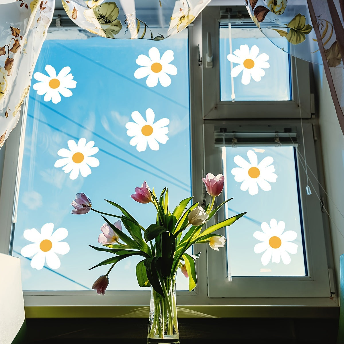 Modern Daisy Flower Window Decals - Made of Polyvinyl Chloride with Static Cling for Glass & Mirror - Can be Reused as Decorative Floral Patterns - Enhance Your Home with Embellished Wall Accents in Different Shapes, 5mil Thickness