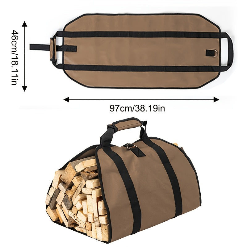 Canvas log carrier bag, ideal for transporting firewood and accessories for fireplace or stove. Features extra-large capacity, durable wood tote design, and heavy-duty canvas construction. Includes handles and security strap for easy carrying. Perfect