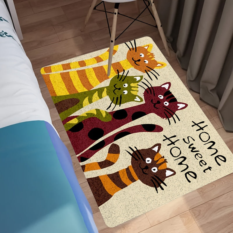 Adorable Cartoon Cats Doormat - Featuring Machine Washable Polyester Material and Non-Slip Backing - Stylish Flower Pattern Ideal for Living Room or Bedroom Décor