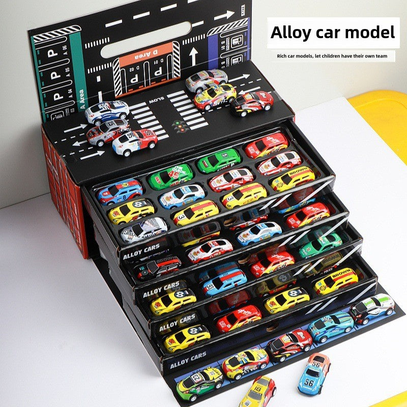 Boys' toy racing cars with pull-back mechanism, made of alloy and tin in container design.