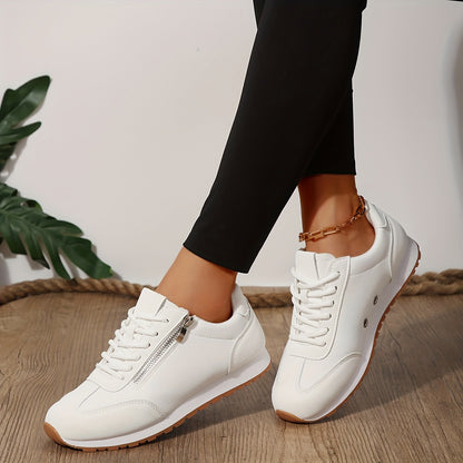 White zipper fashion sneakers, lightweight and comfortable sports shoes.