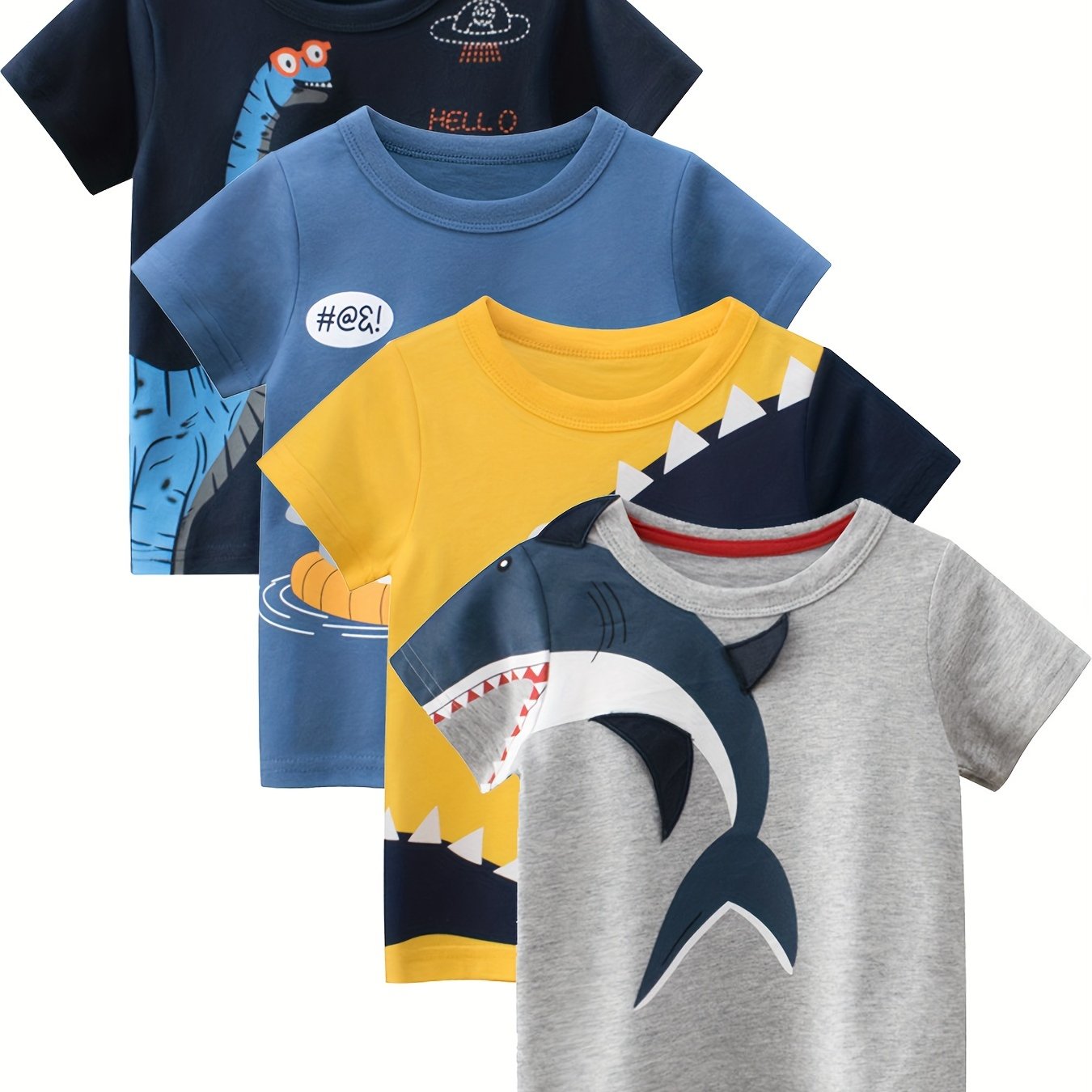 4 cute cartoon shark and dinosaur print boys' t-shirts, cool and versatile with smart short sleeves.