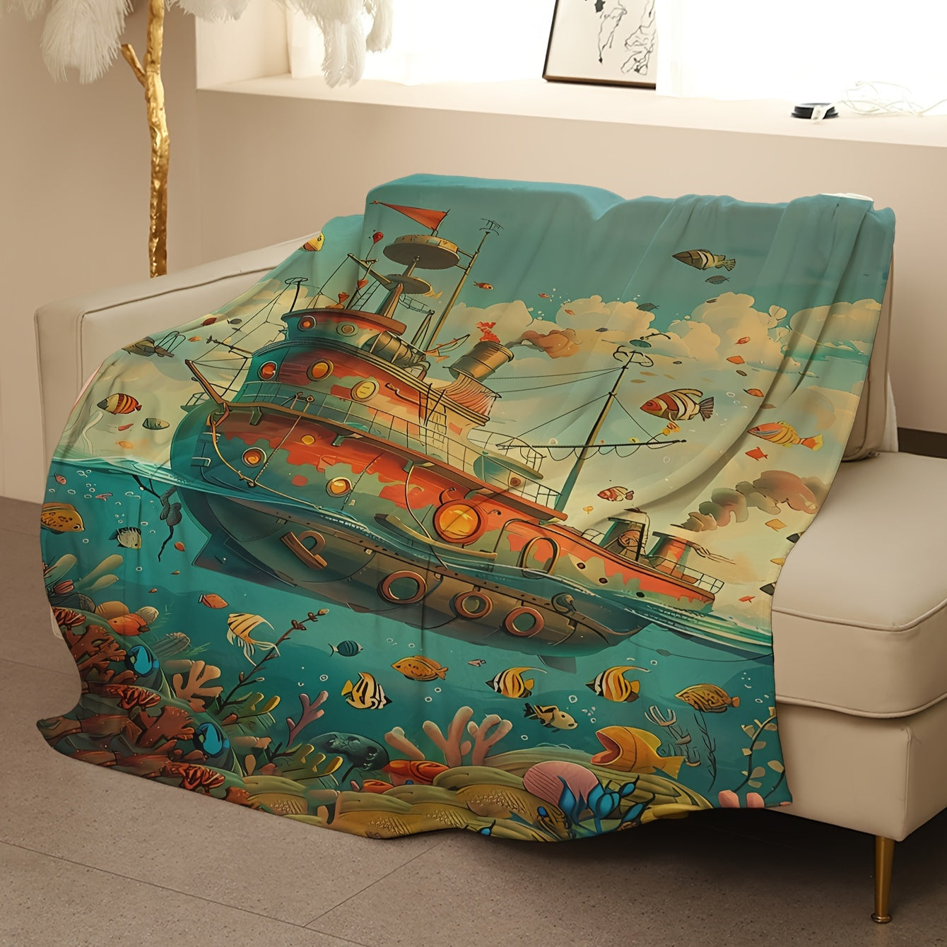 Contemporary Coral Fleece Blanket with Large Ship Pattern - Warm and Soft All-Season Throw made of Knit Polyester for Sofa, Bed, Office, Camping, Travel, Home Decor. Features Digital Print and weighs 180-200gsm. Great for cozying up in style!