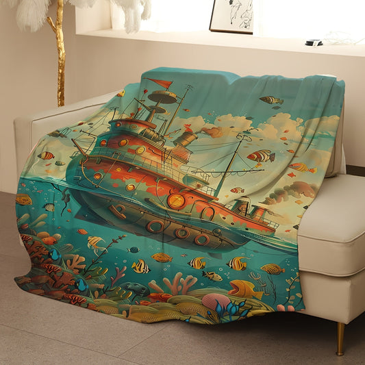 Contemporary Coral Fleece Blanket with Large Ship Pattern - Warm and Soft All-Season Throw made of Knit Polyester for Sofa, Bed, Office, Camping, Travel, Home Decor. Features Digital Print and weighs 180-200gsm. Great for cozying up in style!