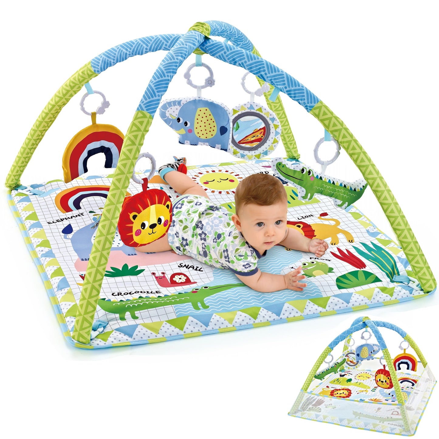 Assembly required, this infant activity center play gym features a multifunctional fence, cloth mat with a jungle animal theme, soft hanging toys, and an educational playmat suitable for newborns up to 3 years old. This would make an ideal gift for