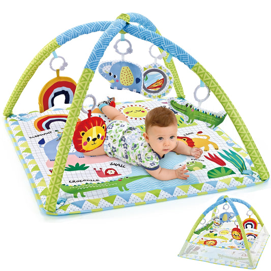 Assembly required, this infant activity center play gym features a multifunctional fence, cloth mat with a jungle animal theme, soft hanging toys, and an educational playmat suitable for newborns up to 3 years old. This would make an ideal gift for