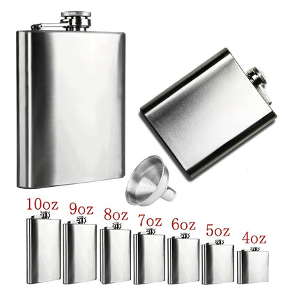 Portable stainless steel hip flask for alcohol, with screw cap and pocket-sized design for outdoor use.