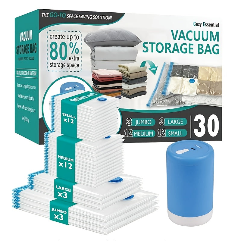 Set of 3 vacuum storage bags with handheld pump, durable tote bags for saving space, 3 sizes for compact folding, versatile elongated plastic bags for down jackets, quilts, and blankets - no power outlet required.