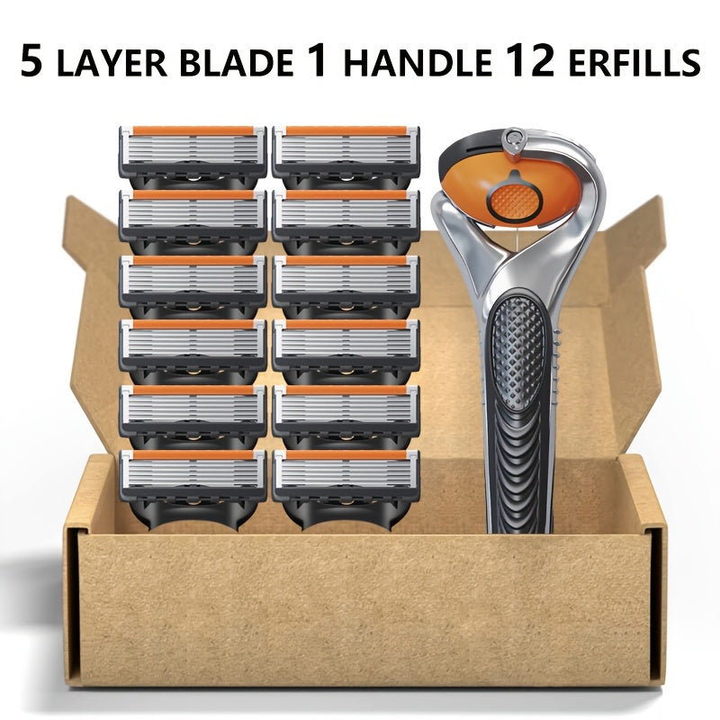 Silvery 5-layer Knife Holder with 12 Heads, Men's Manual Shaver, Classic shaving tool for daily use, washable and reusable blade, suitable for all skin types.