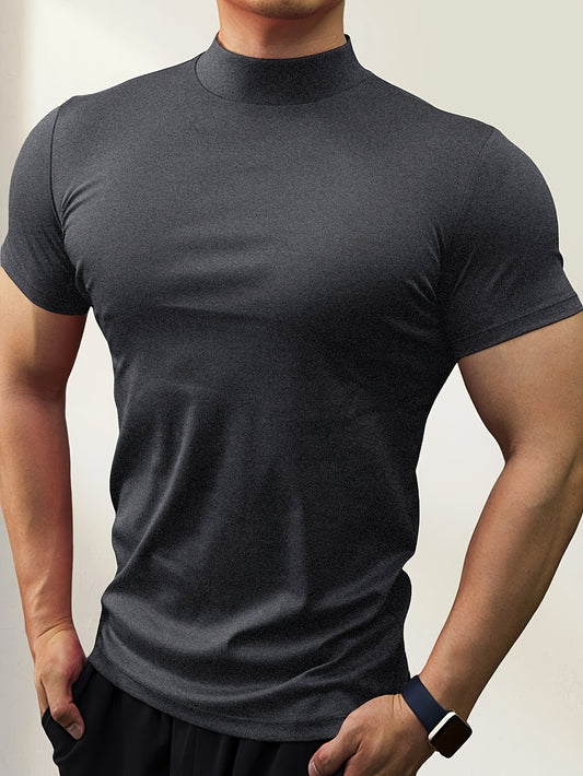 Men's slim-fit short-sleeve t-shirt with stand-up collar, ideal for outdoor activities, gym wear, or layering.