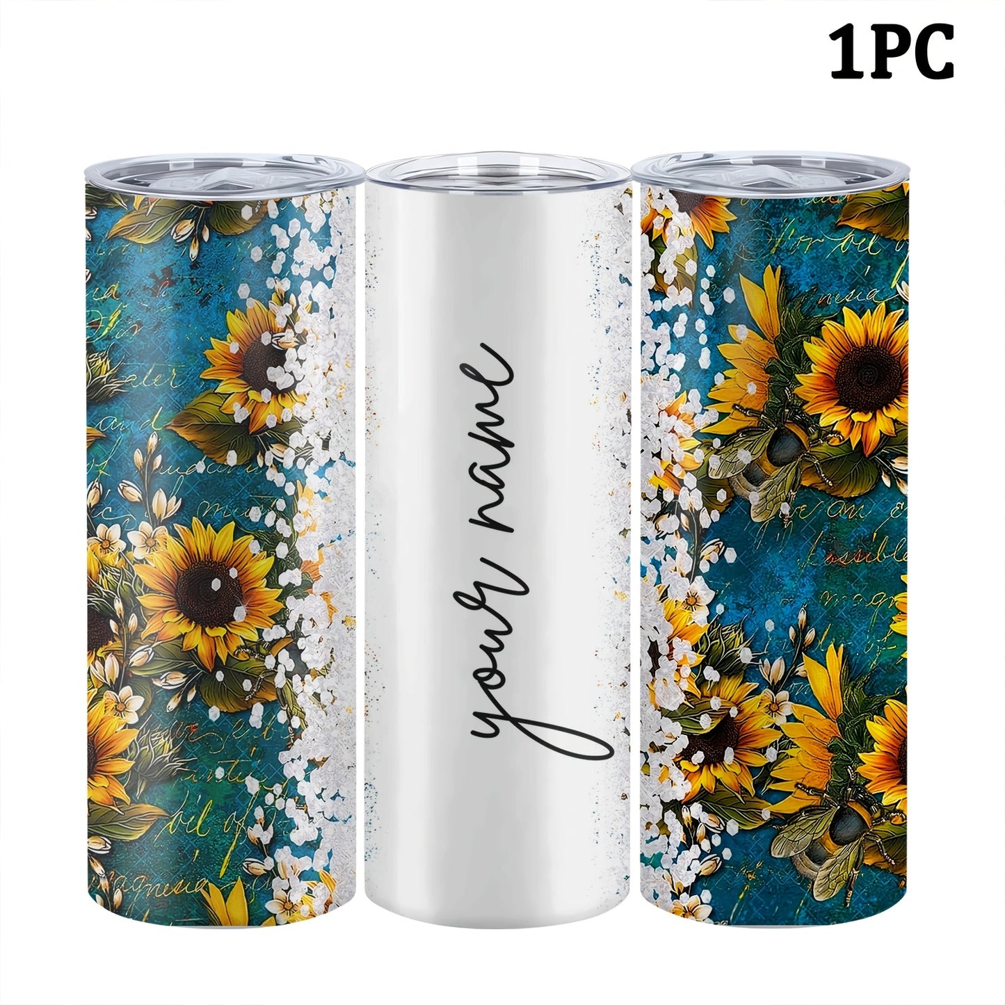 Customized sunflower stainless steel water bottle, 20oz with lid and straw, BPA-free, shatterproof, machine washable, perfect for outdoor travel and Valentine's Day gift.