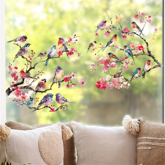 Self-adhesive wall sticker featuring a watercolor design of branches, flowers, and birds, perfect for decorating glass windows or background walls in your home.