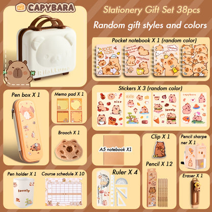 Capybara-themed stationery gift set with notebooks, pens, paper clips, and accessories in a tote bag for students, animal lovers, and student rewards.