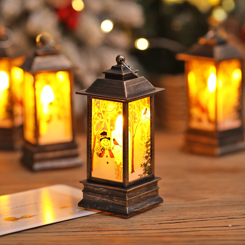 Retro Christmas lantern with Santa, elk, and snowman patterns, perfect for tabletop décor or gifting.