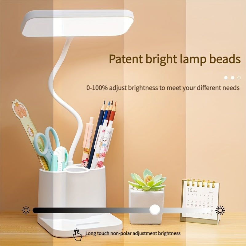 Adjustable LED desk lamp with touch control, eye-care technology, rechargeable battery, ideal for bedroom or study.