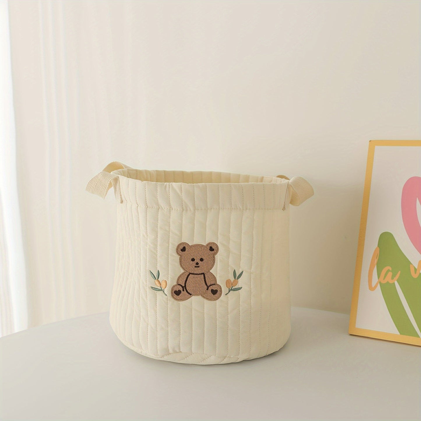 Durable and Foldable Storage Basket with Bear Embroidery - Ideal Organizer for Diapers, Clothes, Toys, and Bedding - Perfect for Multipurpose Use