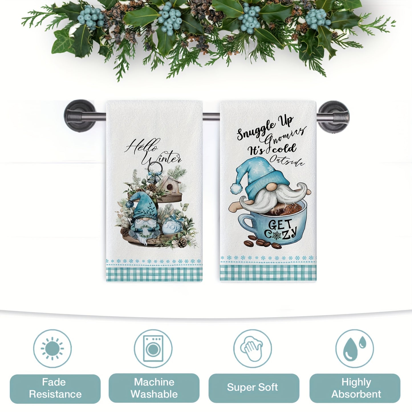 2PCS Christmas fingertip towels with polyester gnome and hot cocoa design, absorbent woven fabric, machine washable, oblong shape, 250gsm, 40.64x60.96 cm.