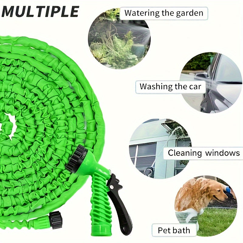 Magic Retractable Garden Hose with High Pressure and Multi-Function capabilities, includes extendable nozzle, rubber material, connectors, cleaning tool, and dust removal. Comes in