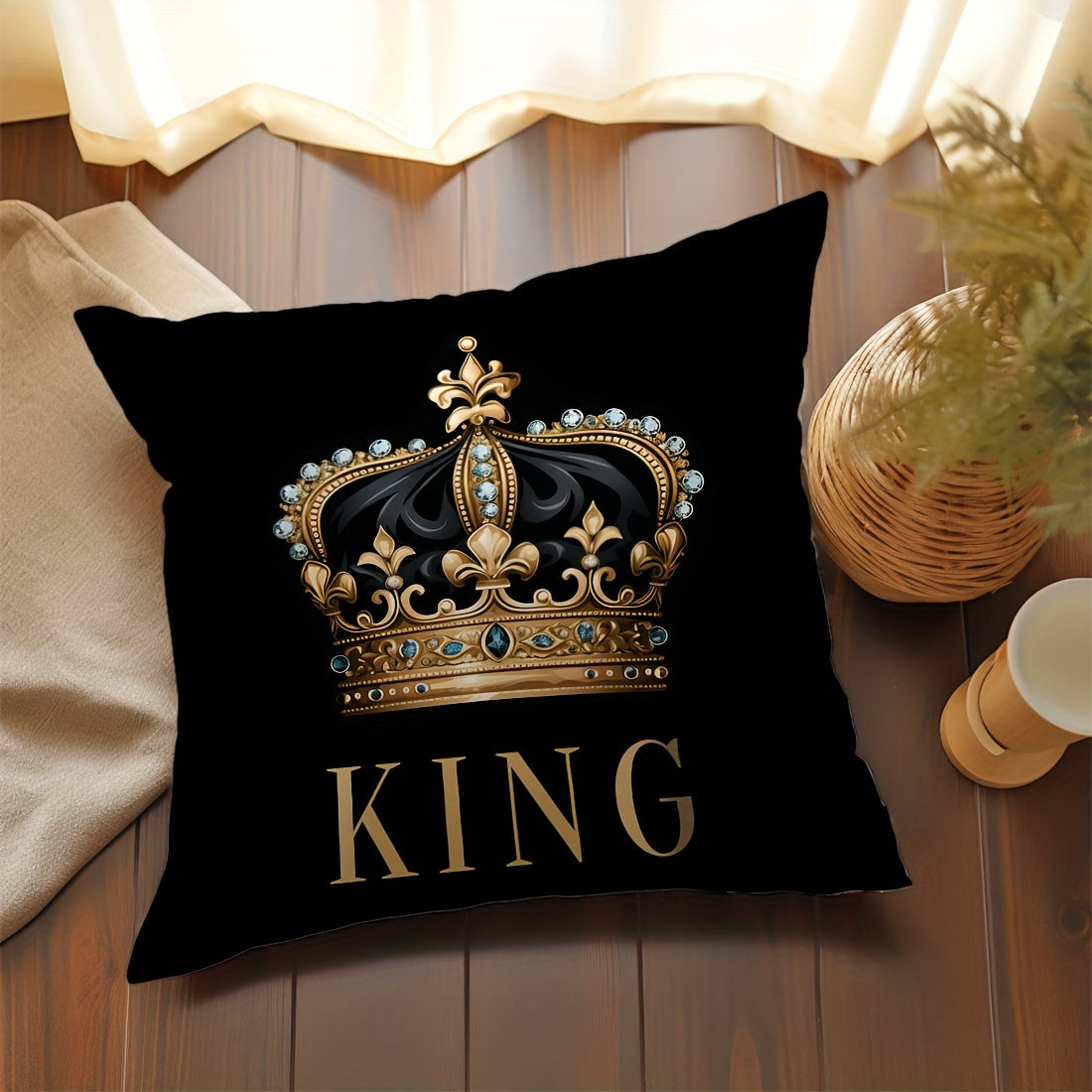 [Best-Selling] Set of 1 or 2 45x45cm Peach Skin Pillowcases with Black Background, Golden Crown King and Queen Design. Perfect for Car Seat Cushions, Living Room Sofas, Bedroom Pillows, Bedside Backrests, or Home Decor. Single-Sided Printing, Pillow Core