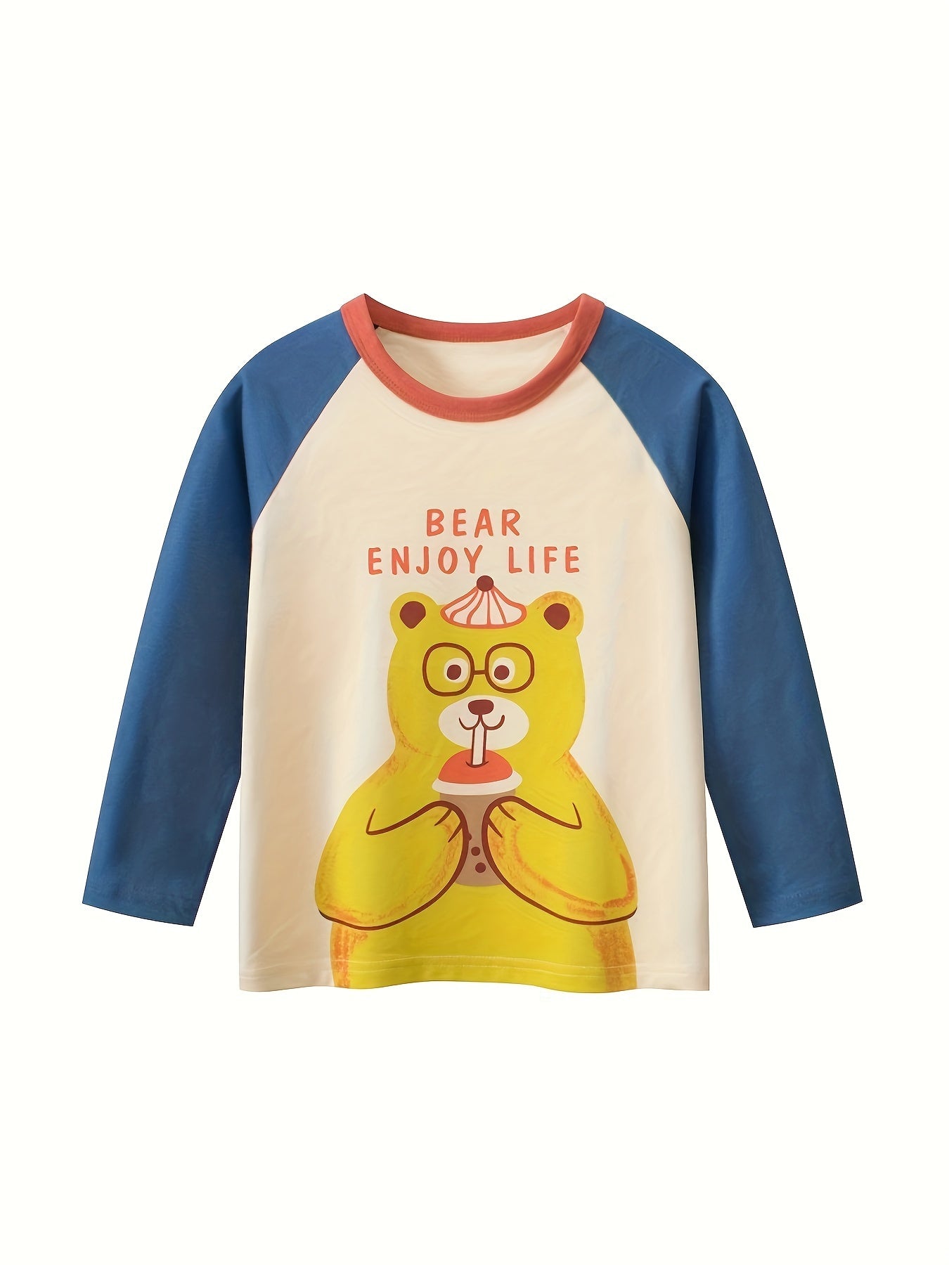 4 boys' long sleeve cotton t-shirts with cartoon graphics in yellow, green, blue & orange. Ideal for spring & fall casual wear. Made of cotton knit fabric.