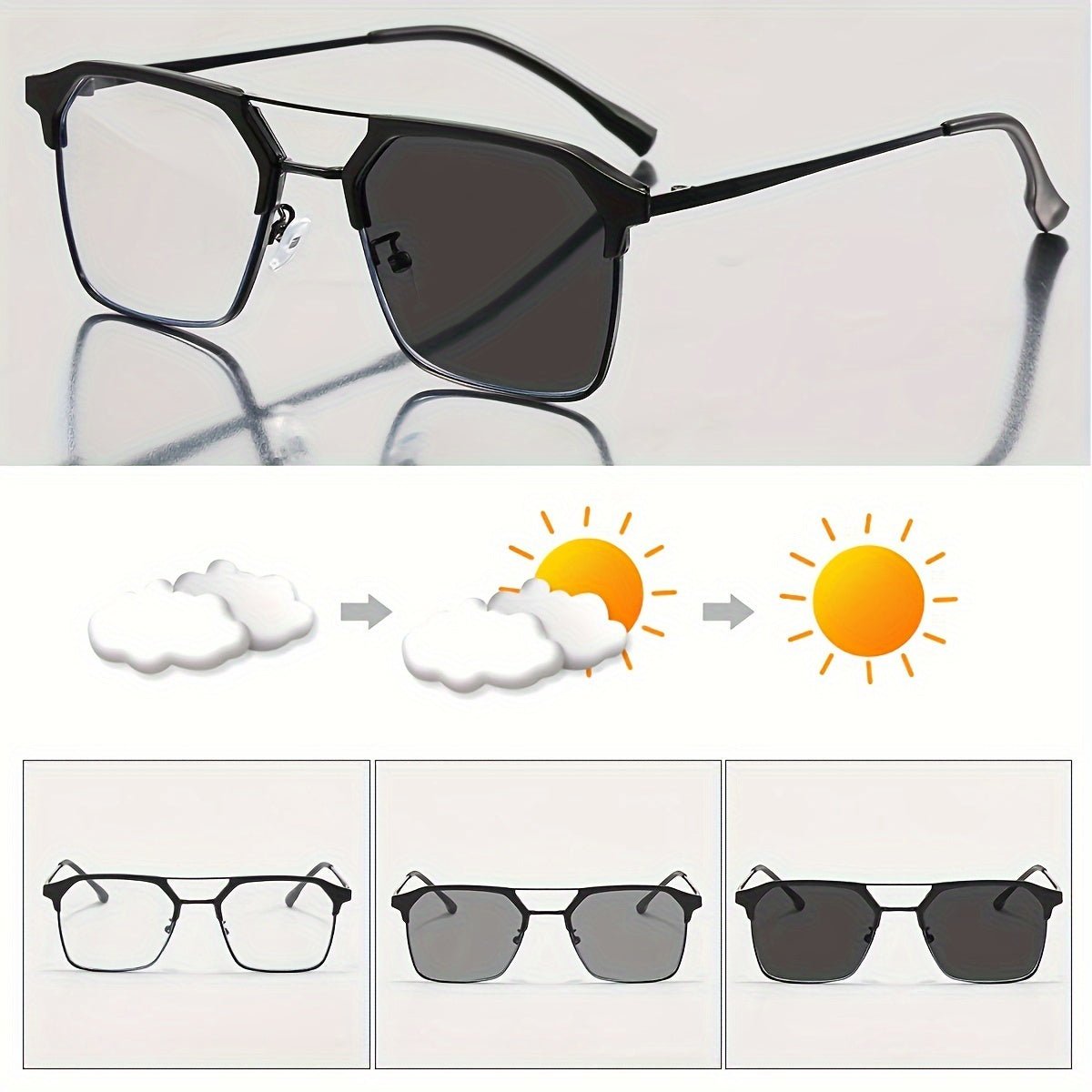 Unisex photochromic glasses with iron alloy frame and AC lens for travel, mobile, and computer use.