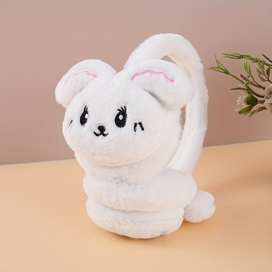 Korean Style Plush Warm Ear Muffs with Cute Cartoon Rabbit Design - Made of Knitted Polyester and Spandex, Hand Wash Only - Available in Multiple Colors