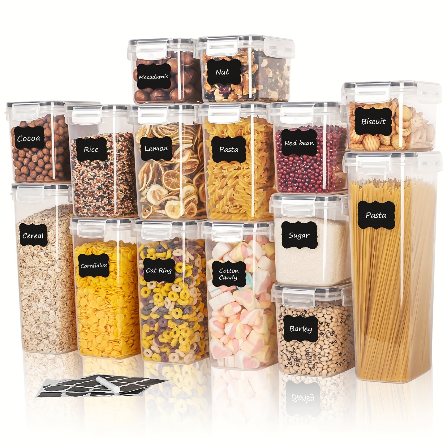 15-piece BPA-free plastic container set for pet food storage, with airtight lids, labels, and marker.