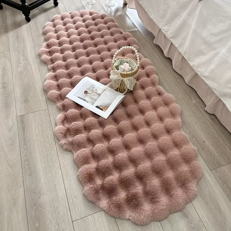 Machine Washable Wave Pattern Faux Rabbit Fur Area Rug - Soft Polyester Non-Slip Water-Resistant Carpet for Living Room, Bedroom, Office, and Porch Decor - Lightweight Irregular Shaped Mat with Moisture Barrier