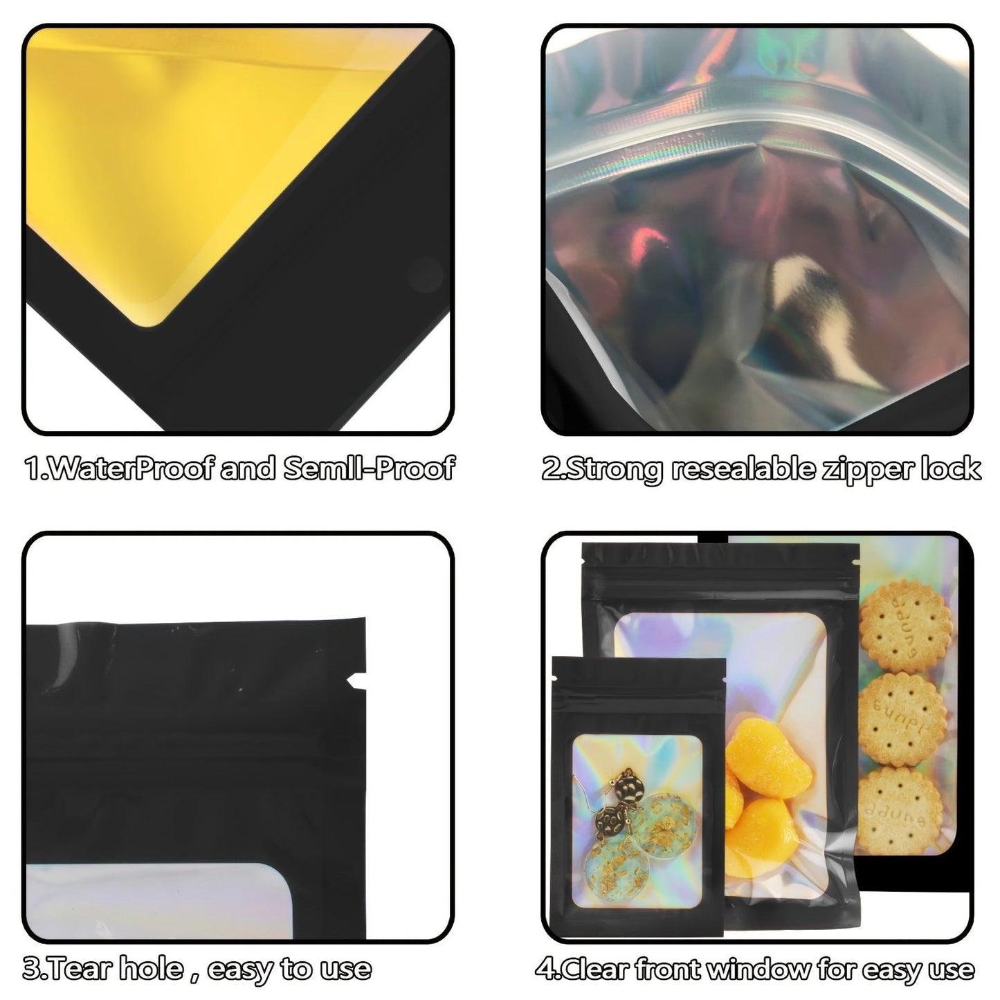 A set of 12 holographic storage bags with transparent windows that are self-sealing. These reusable pouches are made of aluminum foil and polyester film, making them odor-proof and safe for storing food. Perfect for party snacks, candies, jewelry, and