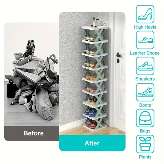 No assembly needed for this 1pc Space-Saving 9-Tier Plastic Folding Shoe Rack. Perfect for organizing entryways, hallways, bedrooms, living rooms, homes, and dorms. Can be stacked on the floor for maximum space efficiency.