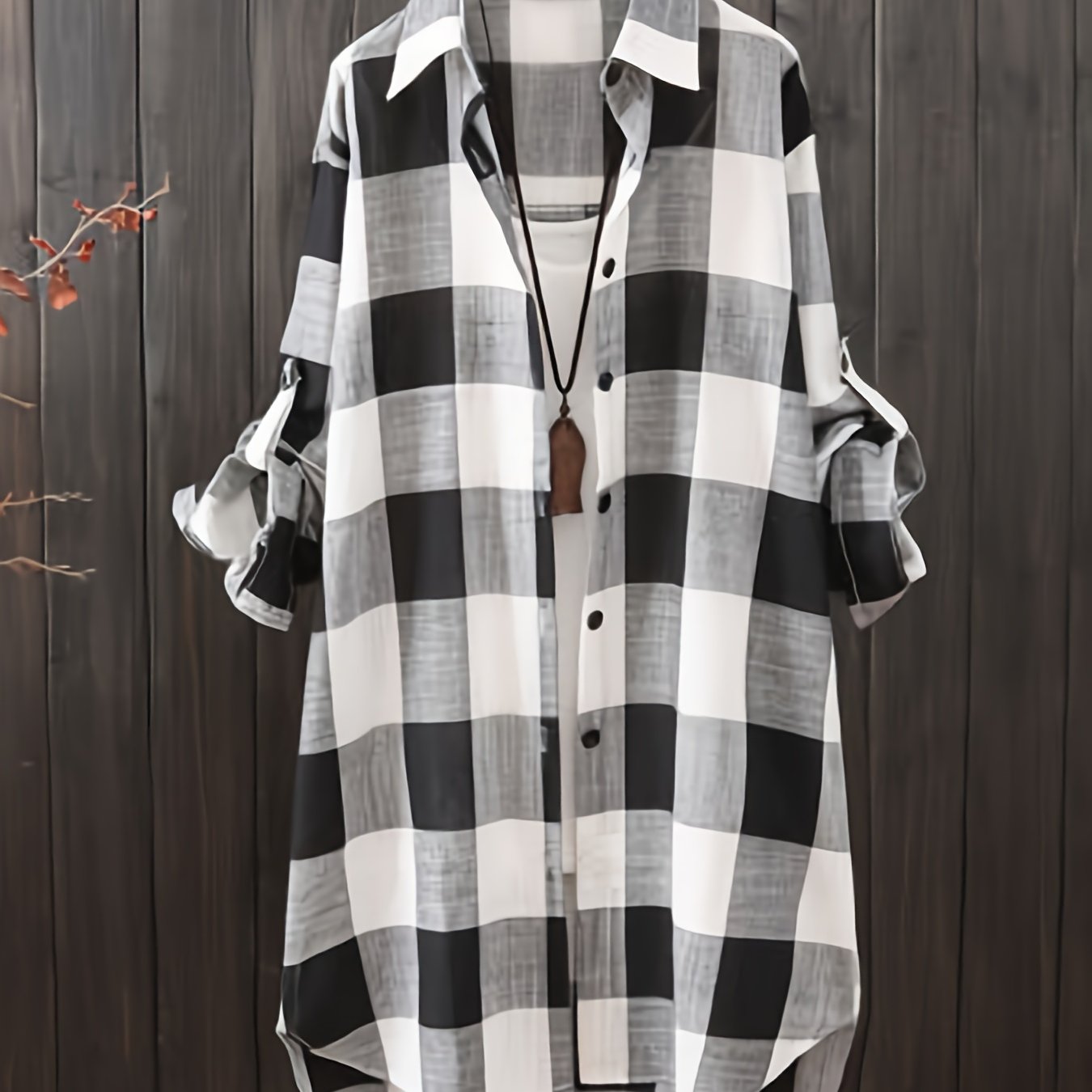 Women's chic plaid shirt blouse - elegant long-sleeve, button-up, lightweight linen blend, versatile for all seasons