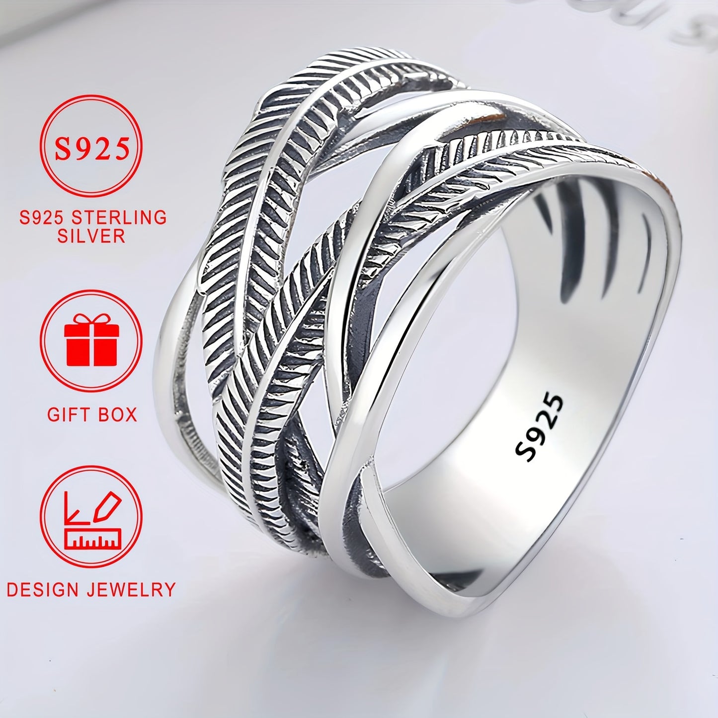 925 Sterling Silver Feather Ring with Infinity Theme Cross Band, High-Quality Hip Hop Style Fashion Jewelry, Gift Box Included for Daily Wear & Gift-Giving, Earth Day celebration accessory.