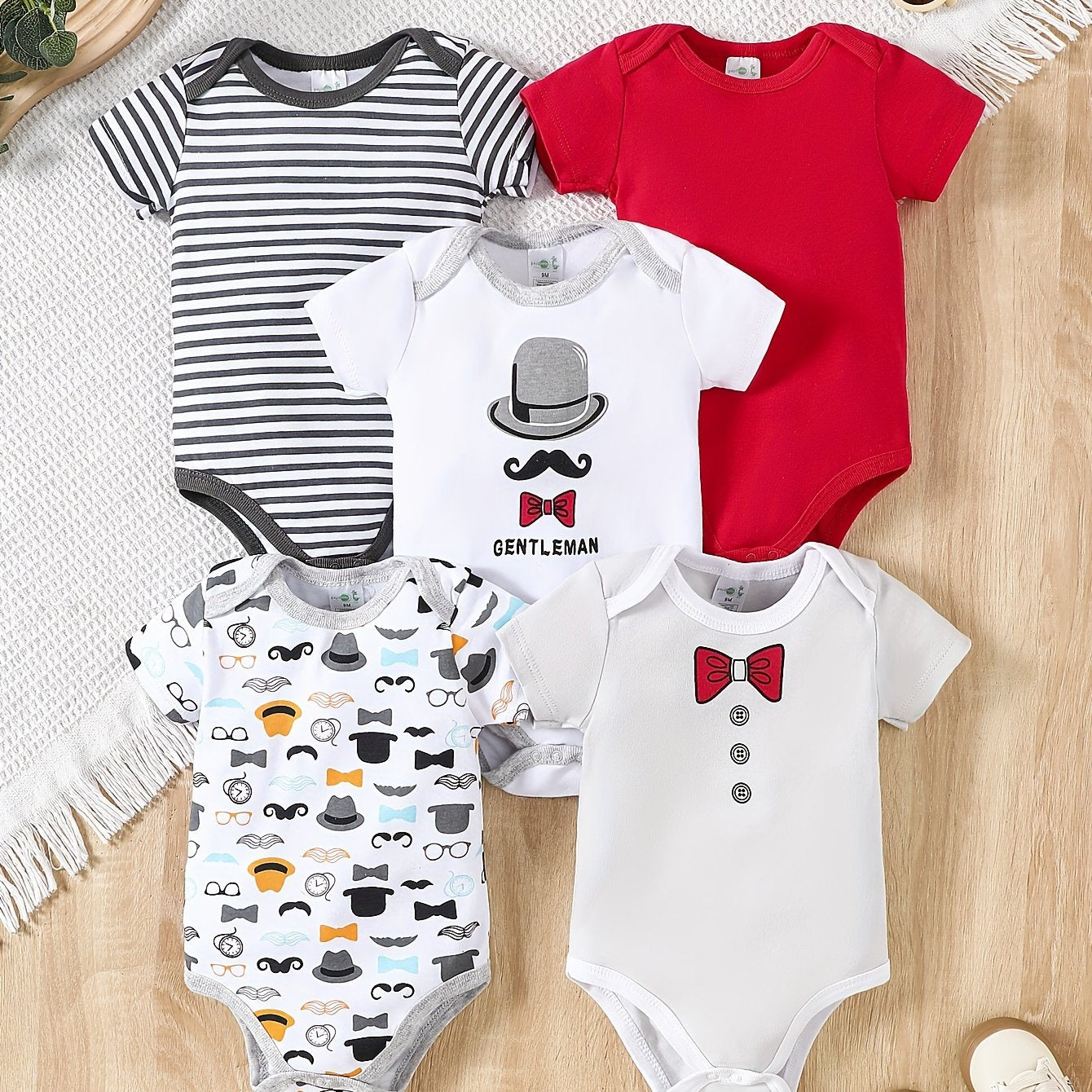 5pcs Baby's Marine Style Cotton Bodysuit, Casual Short Sleeve Romper for Toddler & Infant Boys