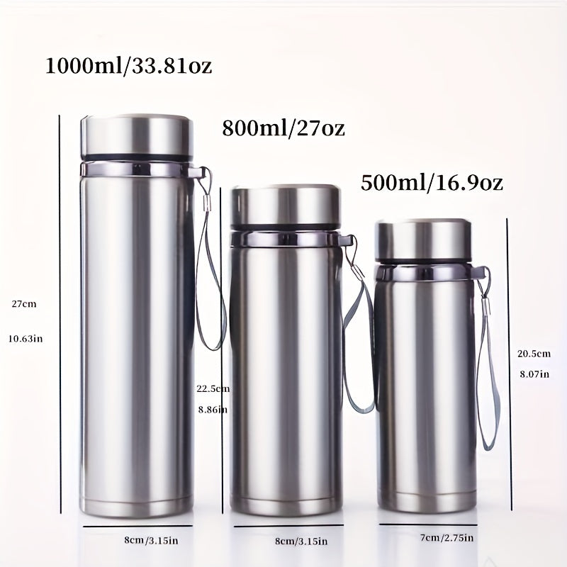 Men's large stainless steel portable travel mug with tea strainer, available for wholesale.