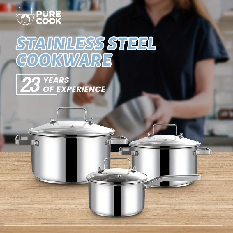 Set of 6 Pure Cook SUS304 Stainless Steel Cooking Pots with Glass Lids - Includes Saucepan, Soup Pot, and Kitchen Cookware. Compatible with Induction, Electric, and Gas Cooktops. Standard set is dishwasher safe.