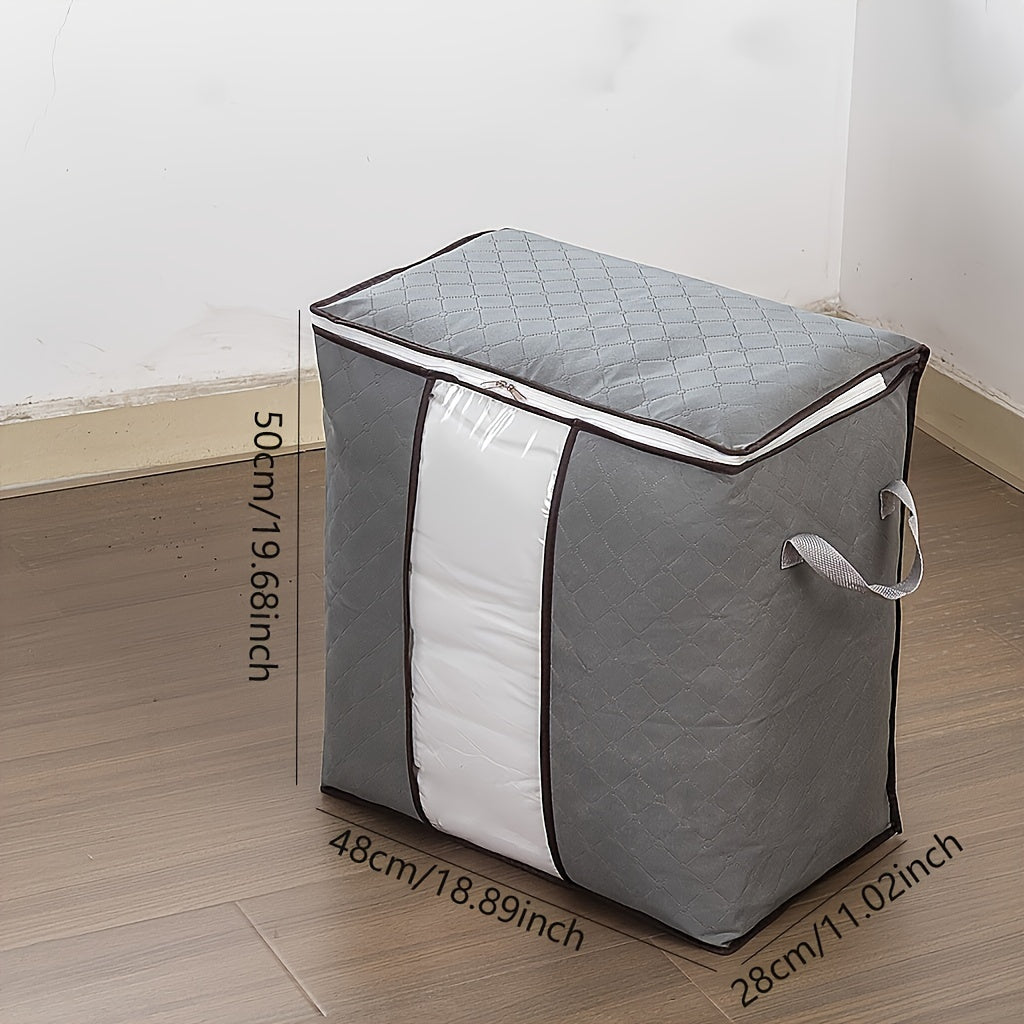 Big fabric bag with clear window for storing clothes and blankets.