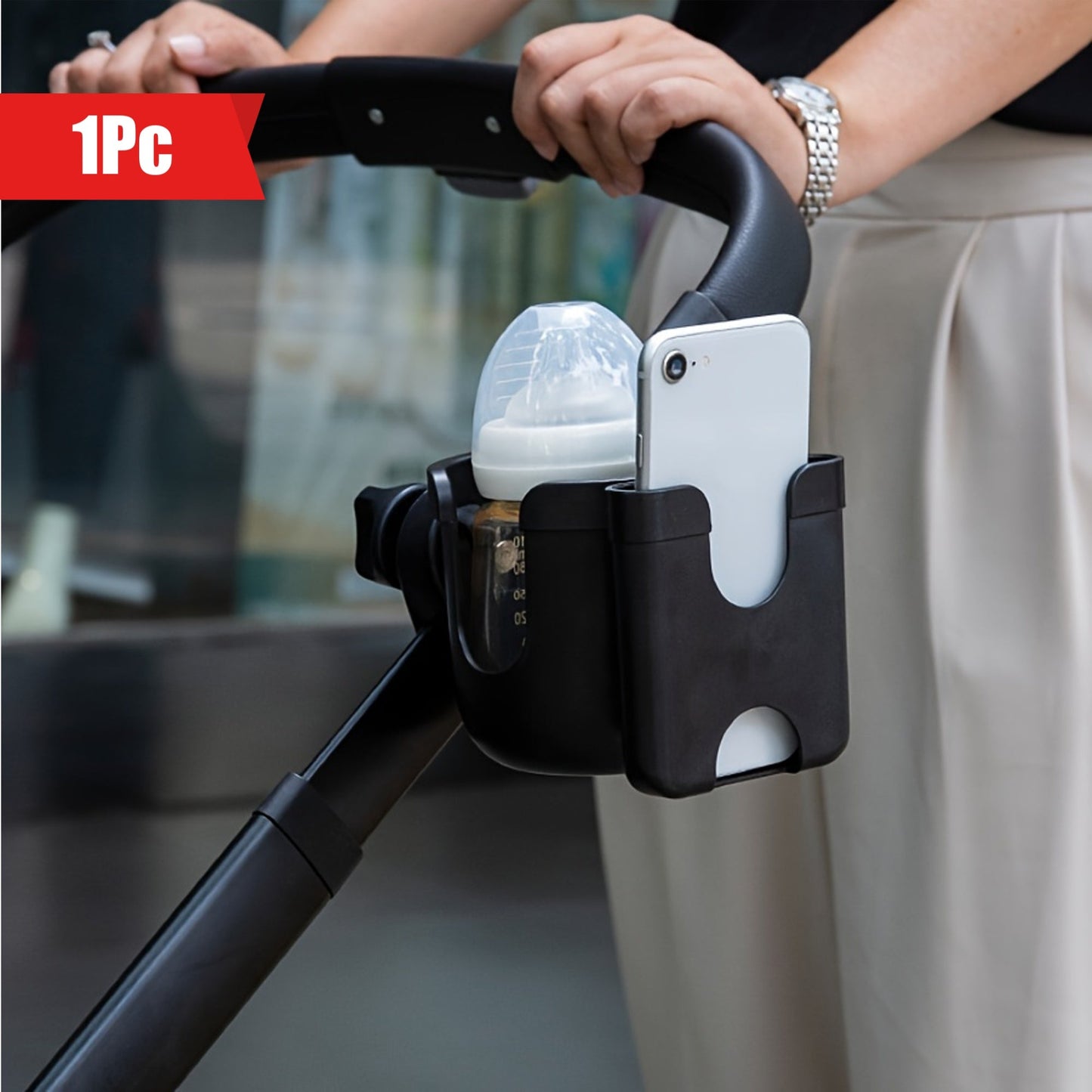 Electric stroller with two-in-one water cup holder that can also be used for holding mobile phones, water bottles, milk tea cups, and more. It is a universal holder suitable for electric cars, motorcycles, and other vehicles.