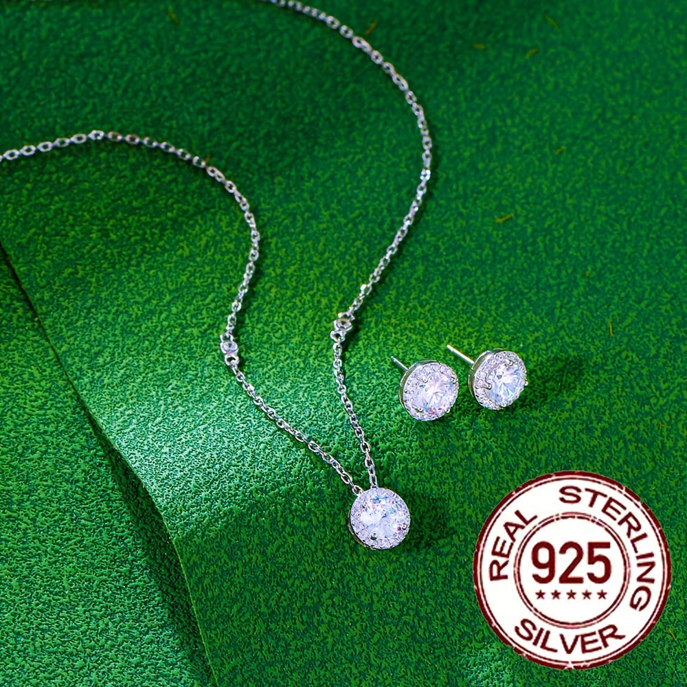 Spoil yourself or a loved one with this elegant Women's Jewelry Set, featuring a stunning necklace and stud earrings made of 925 Sterling Silver and adorned with transparent white round cut Cubic Zirconia stones. Perfect for holidays, birthdays, annual