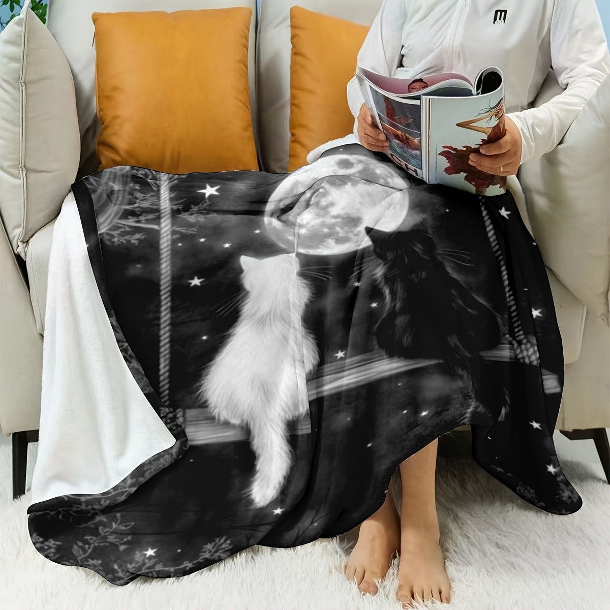 A warm and stylish Black & White Cat Couple Throw Blanket - Luxuriously Soft Velvet, Stain-Resistant, Ideal for Year-Round Comfort on the Couch, Bed, Office, and on the Go - The Perfect Gift for Those You Cherish