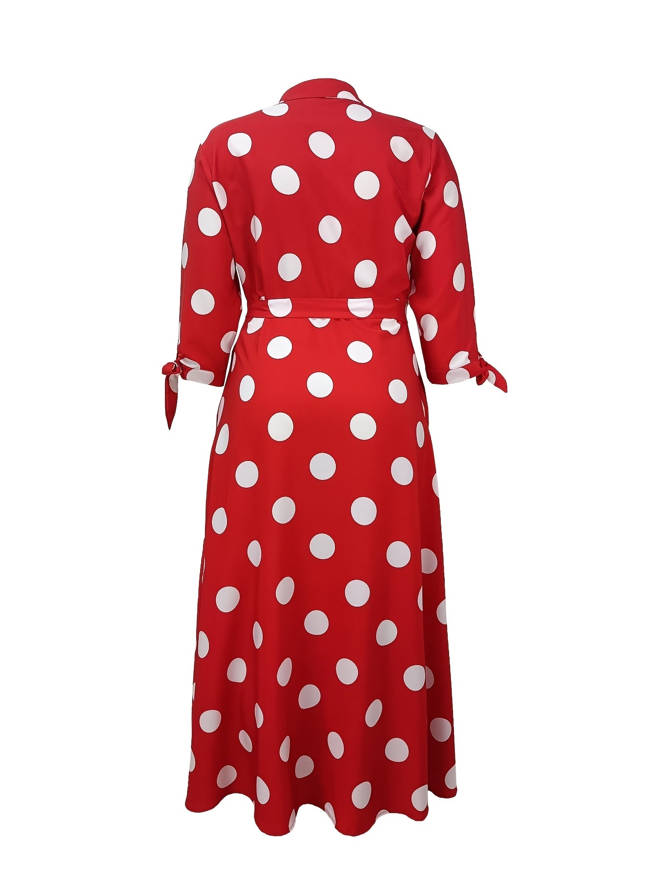 Women's plus size polka dot print maxi dress with collared button-up front and belted waist.