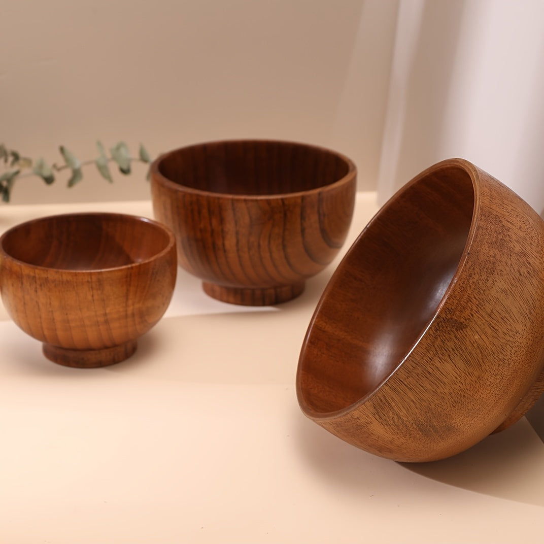 Acacia wooden bowl for rice, soup, noodles; durable and suitable for indoor and outdoor use, anti-scald; daily kitchen tableware.