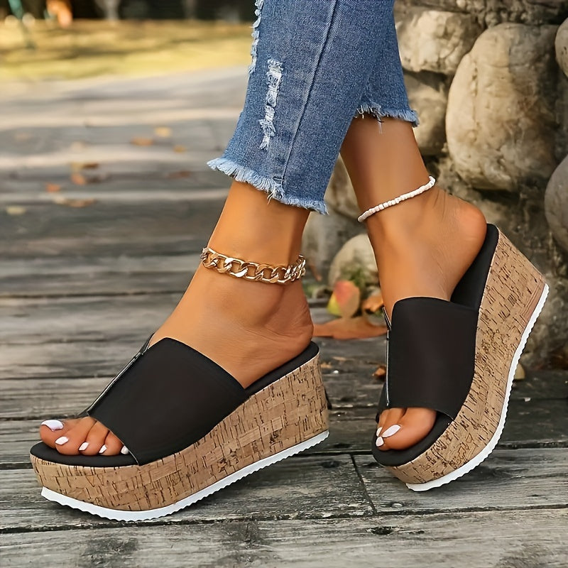 Women's PU Wedge Sandals with Peep Toe, Slip On Platform Heels for Casual Summer Beach Wear