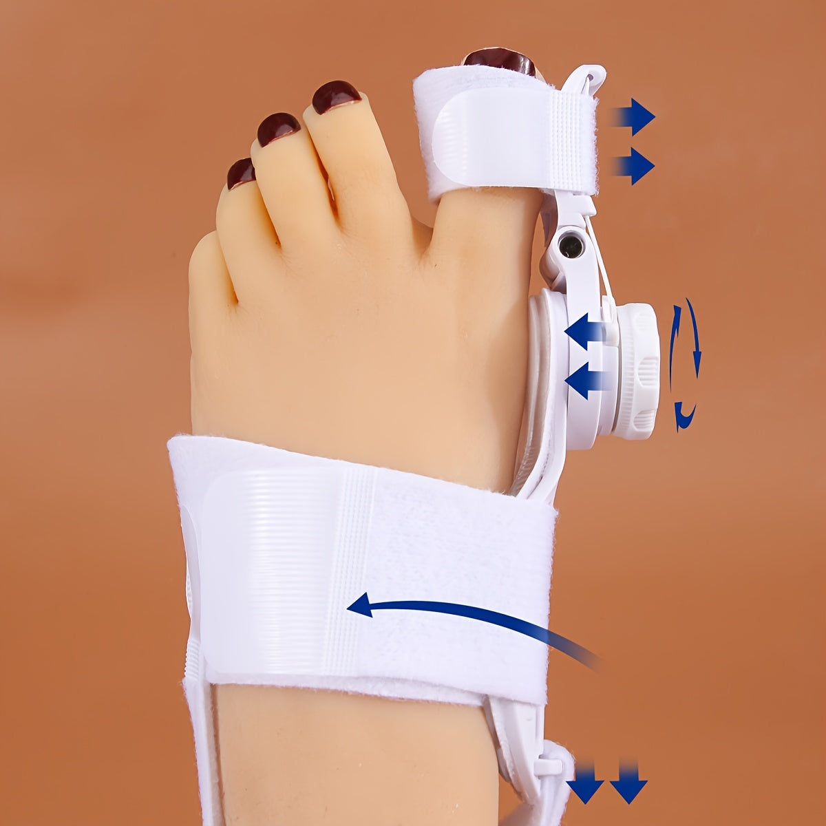 Adjustable toe corrector with knob and non-slip heel strap for bunion correction, suitable for both men and women. Solid, unscented design fits left and right foot.